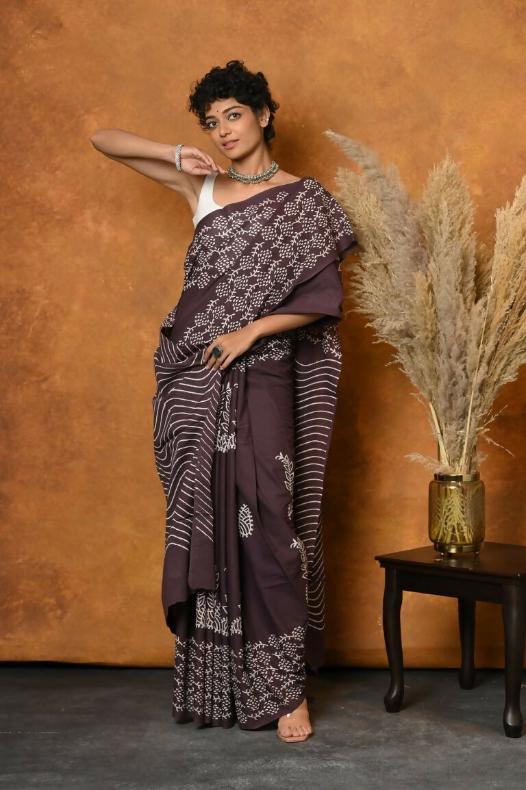 Very Much Indian Handblock Printed Cotton Saree With Natural Dyes - Brown | Swadesiicart