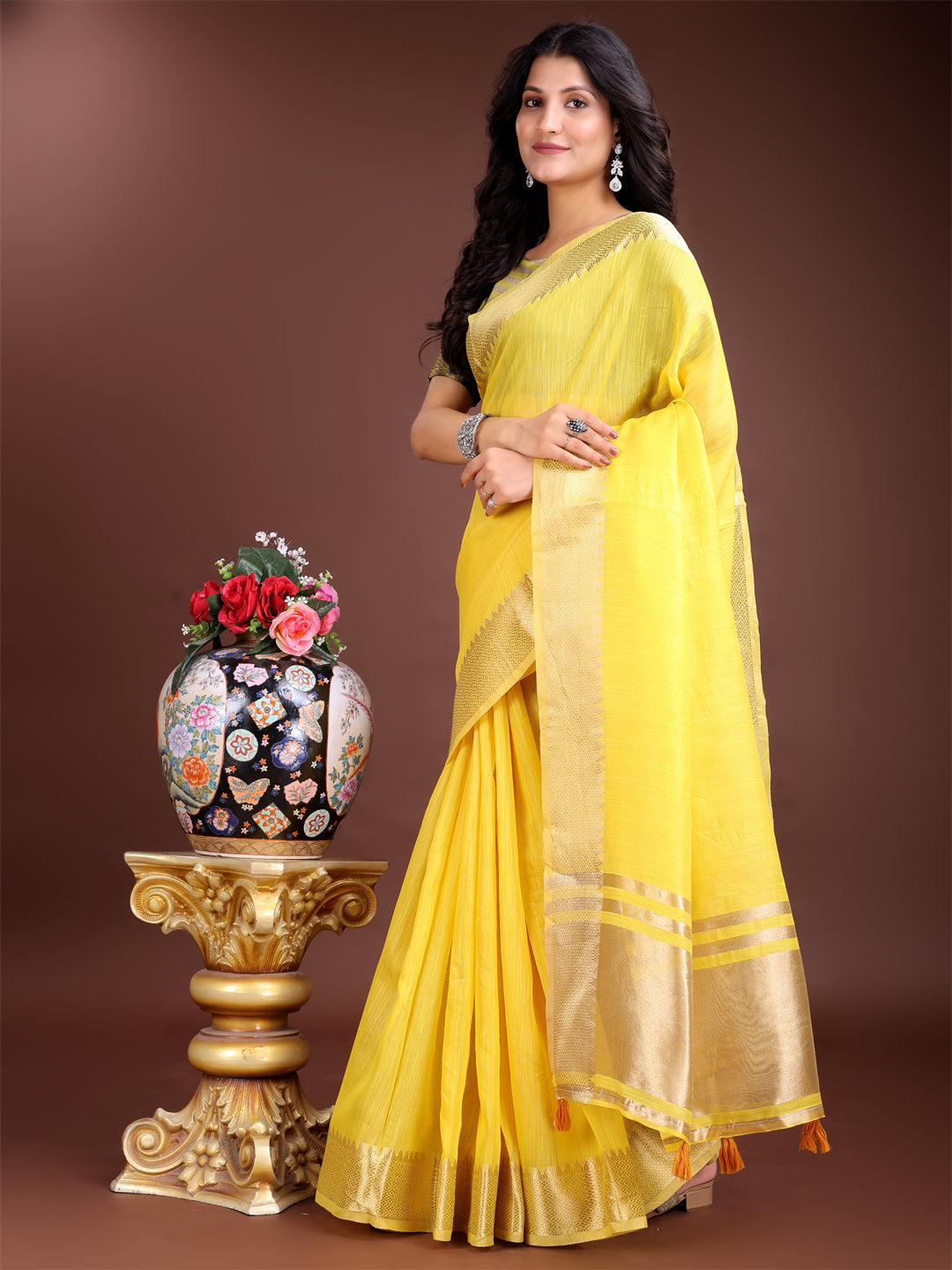 Shree Shyam Fashion Yellow Cotton Woven Zari Work Traditional Tassel Saree