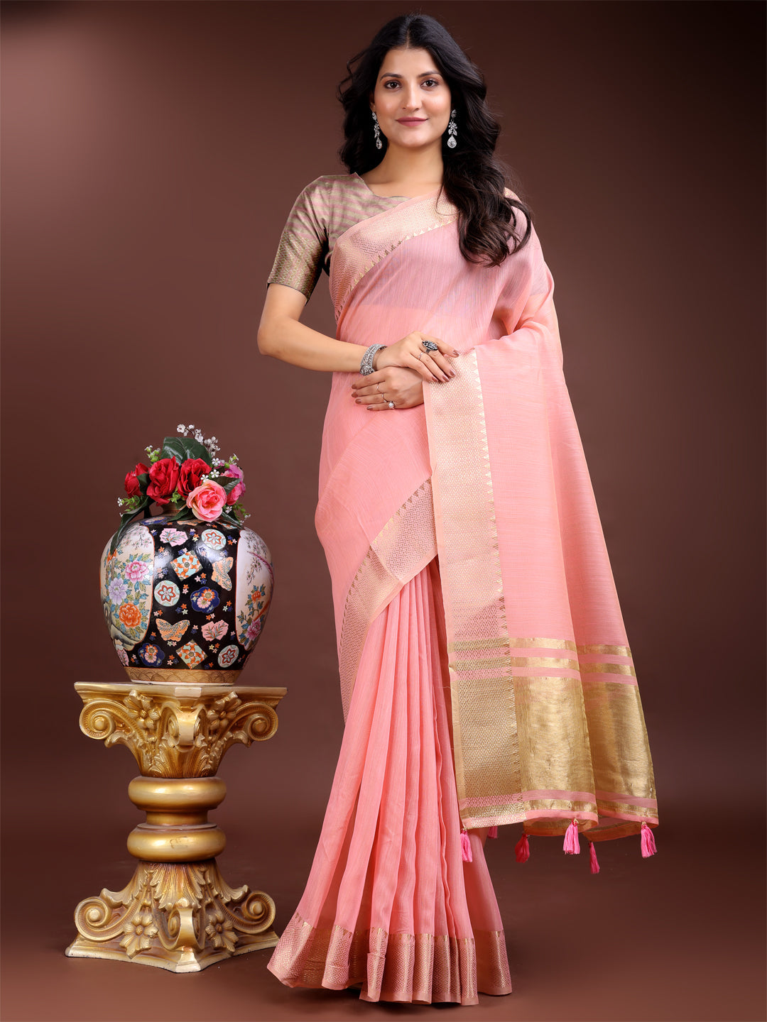 Shree Shyam Fashion Pink Cotton Woven Zari Work Traditional Tassel Saree