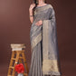 Shree Shyam Fashion Graceful Grey Organza Saree with Rich Golden Zari Border | Elegant Party Wear Saree with Blouse Piece