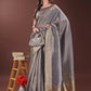 Shree Shyam Fashion Graceful Grey Organza Saree with Rich Golden Zari Border | Elegant Party Wear Saree with Blouse Piece