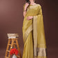 Shree Shyam Fashion Graceful Mustard Organza Saree with Rich Golden Zari Border | Elegant Party Wear Saree with Blouse Piece