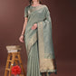 Shree Shyam Fashion Graceful Green Organza Saree with Rich Golden Zari Border | Elegant Party Wear Saree with Blouse Piece
