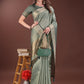 Shree Shyam Fashion Graceful Green Organza Saree with Rich Golden Zari Border | Elegant Party Wear Saree with Blouse Piece
