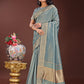 Shree Shyam Fashion Teal Blue Organza Saree with Golden Zari Border | Elegant Soft Lightweight Party Wear Saree with Blouse
