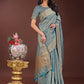 Shree Shyam Fashion Teal Blue Organza Saree with Golden Zari Border | Elegant Soft Lightweight Party Wear Saree with Blouse