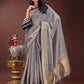 Shree Shyam Fashion Grey Organza Saree with Golden Zari Border | Elegant Soft Lightweight Party Wear Saree with Blouse