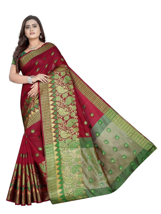 Vamika Banarasi Jaquard Red Weaving Saree With Green Blouse | Swadesiicart