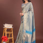 Shree Shyam Fashion Elegant Grey & Sky Blue Organza Saree with Rich Zari Border & Pallu Tassels | Premium Partywear Saree for Women