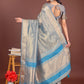 Shree Shyam Fashion Elegant Grey & Sky Blue Organza Saree with Rich Zari Border & Pallu Tassels | Premium Partywear Saree for Women