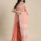 Shree Shyam Fashion Elegant Peach Woven Linen Saree with Contrast Zari Border & Tassels - Soft & Breathable Party Wear