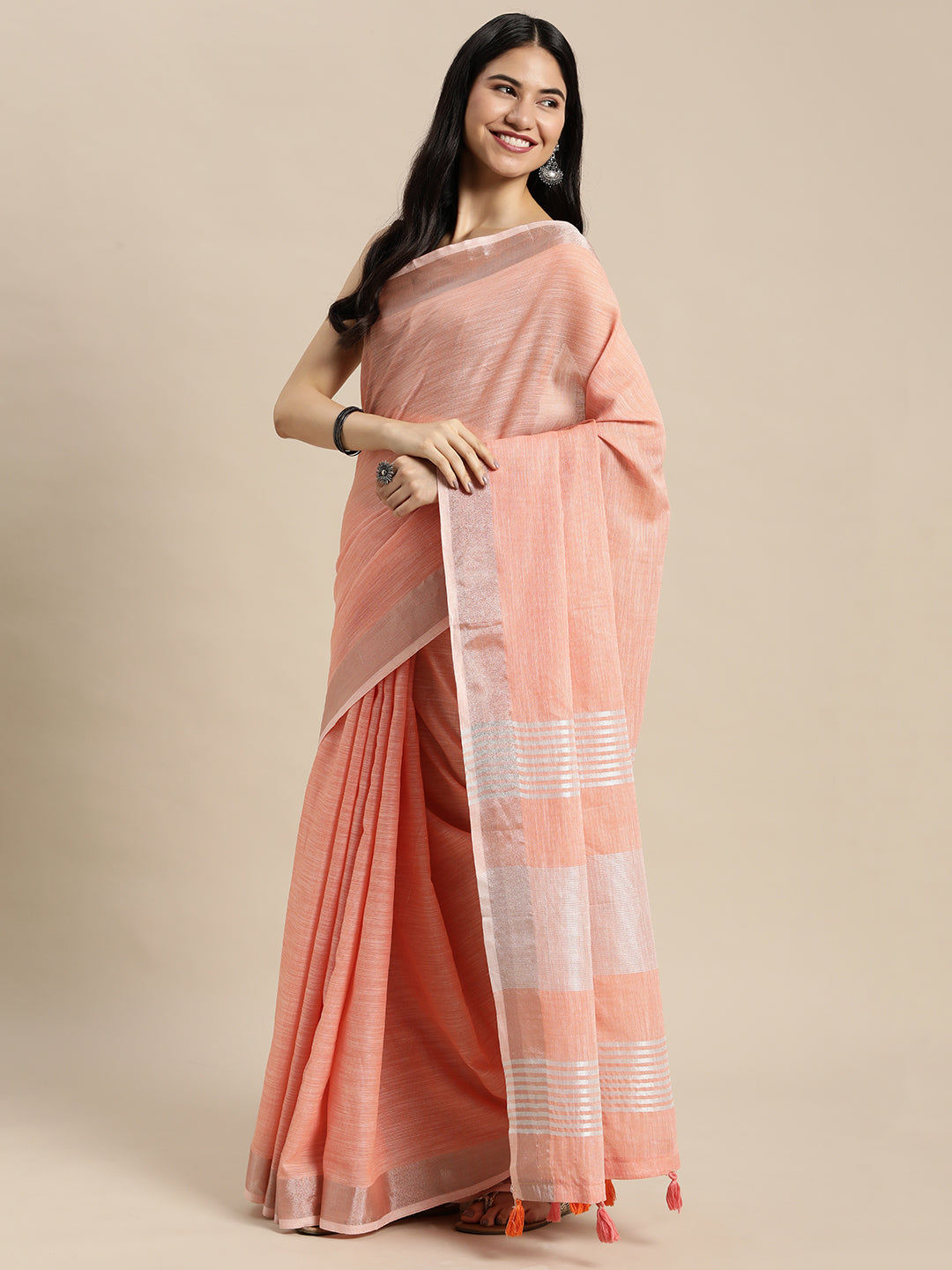 Shree Shyam Fashion Elegant Peach Woven Linen Saree with Contrast Zari Border & Tassels - Soft & Breathable Party Wear