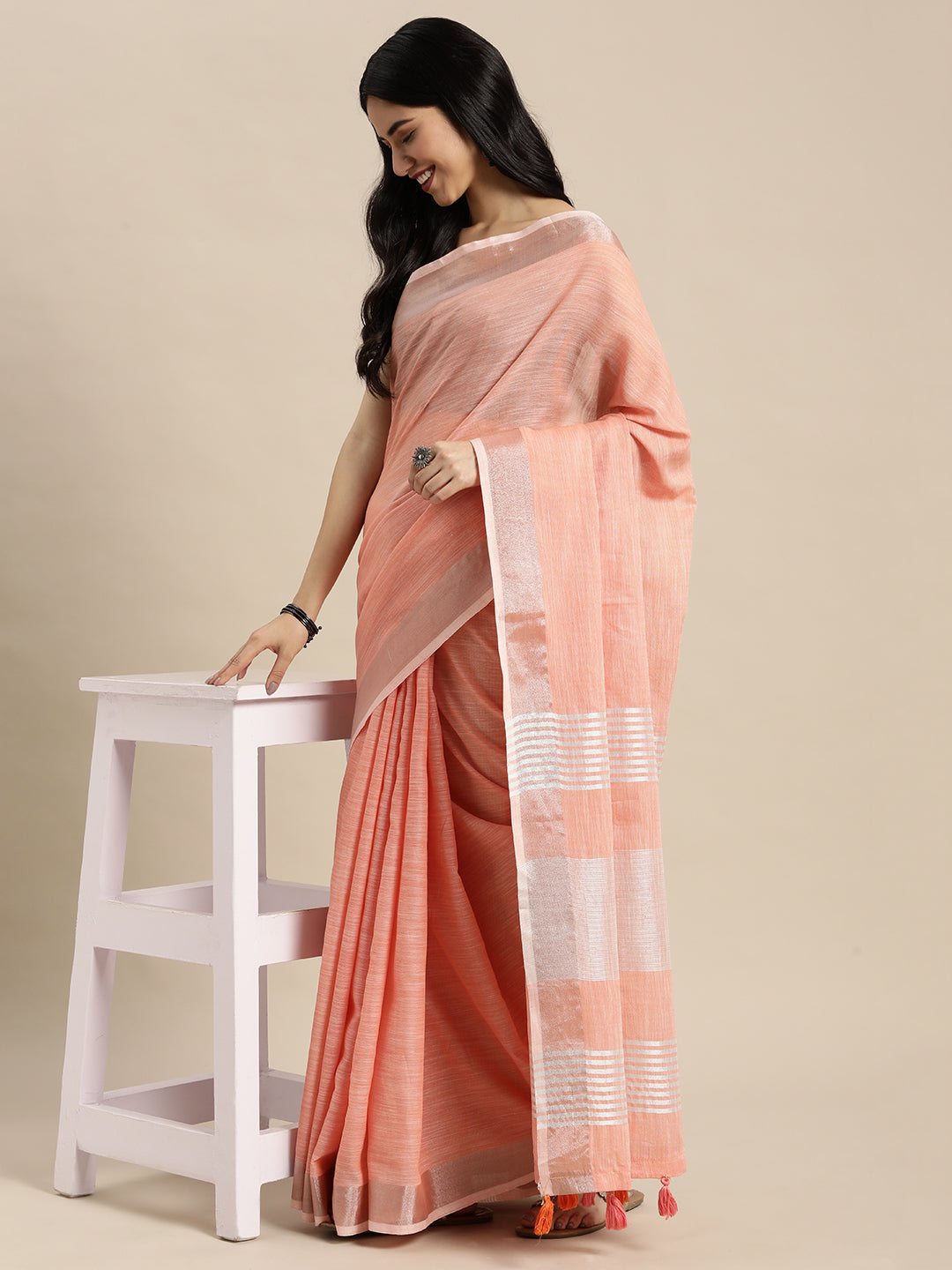 Shree Shyam Fashion Elegant Peach Woven Linen Saree with Contrast Zari Border & Tassels - Soft & Breathable Party Wear
