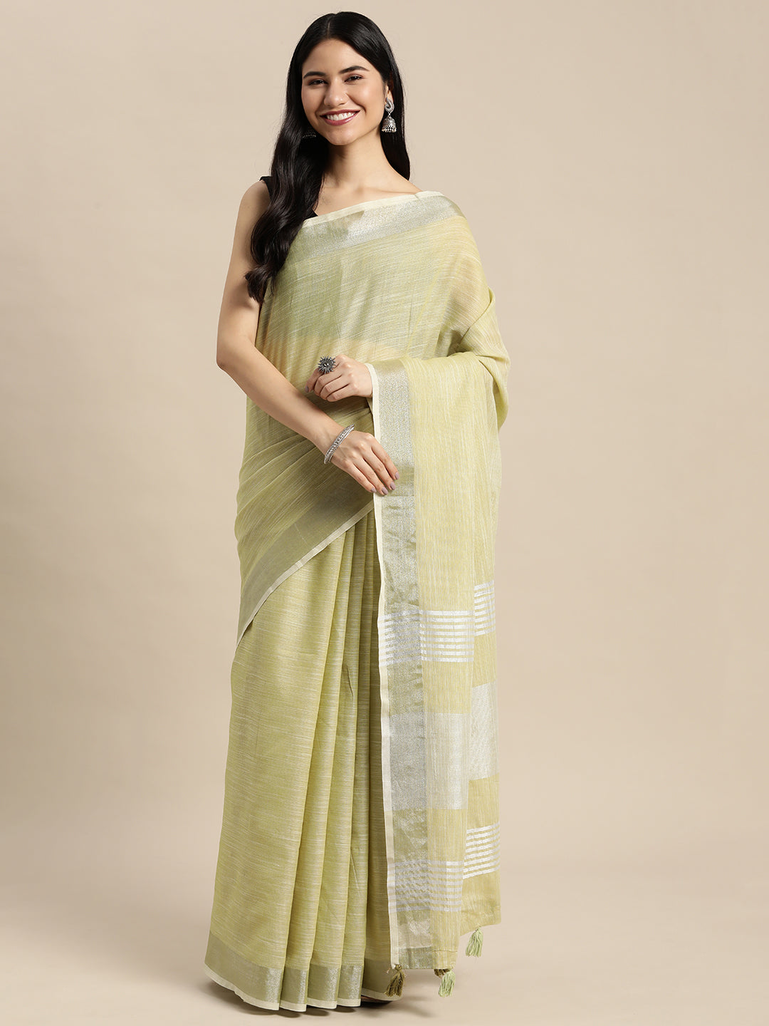 Shree Shyam Fashion Elegant Mehndi Woven Linen Saree with Contrast Zari Border & Tassels - Soft & Breathable Party Wear