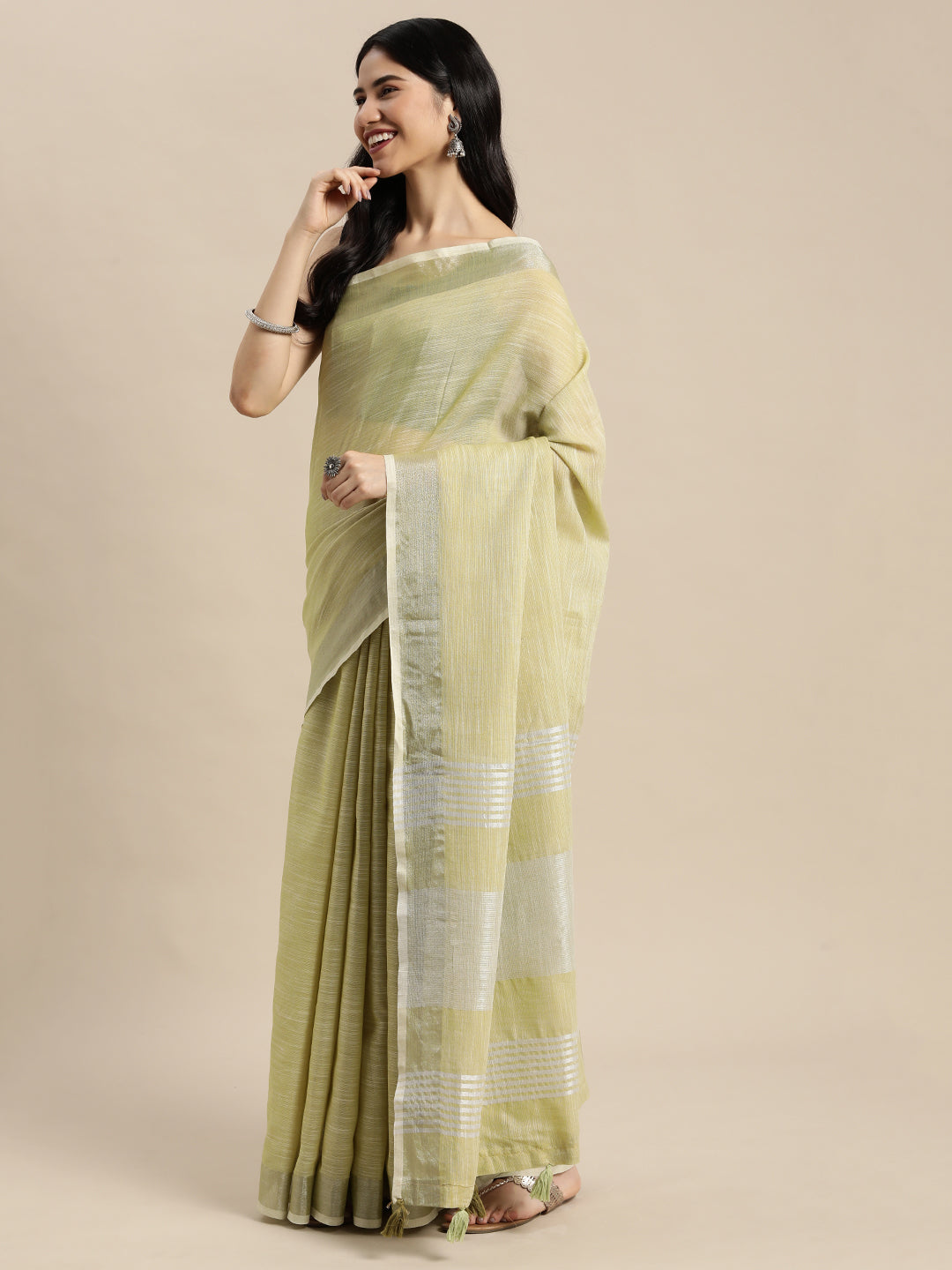 Shree Shyam Fashion Elegant Mehndi Woven Linen Saree with Contrast Zari Border & Tassels - Soft & Breathable Party Wear