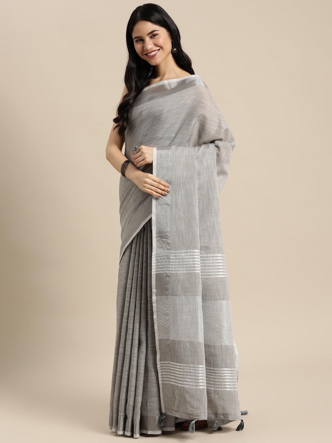 Shree Shyam Fashion Elegant Grey Woven Linen Saree with Contrast Zari Border & Tassels - Soft & Breathable Party Wear