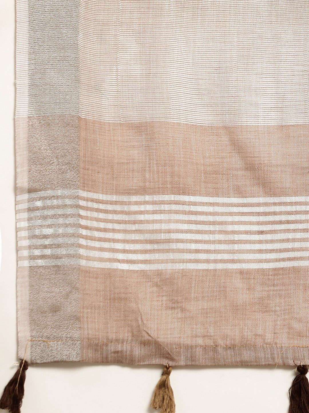 Shree Shyam Fashion Elegant Brown Woven Linen Saree with Contrast Zari Border & Tassels - Soft & Breathable Party Wear