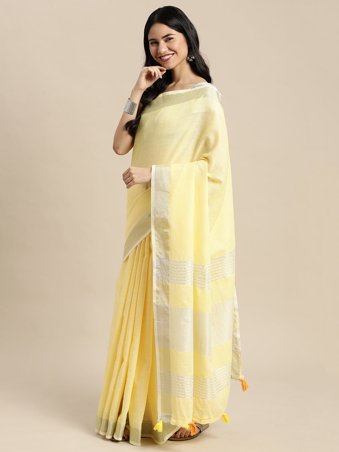 Shree Shyam Fashion Elegant Yellow Woven Linen Saree with Contrast Zari Border & Tassels - Soft & Breathable Party Wear