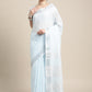 Shree Shyam Fashion Elegant Sky Blue Woven Linen Saree with Contrast Zari Border & Tassels - Soft & Breathable Party Wear