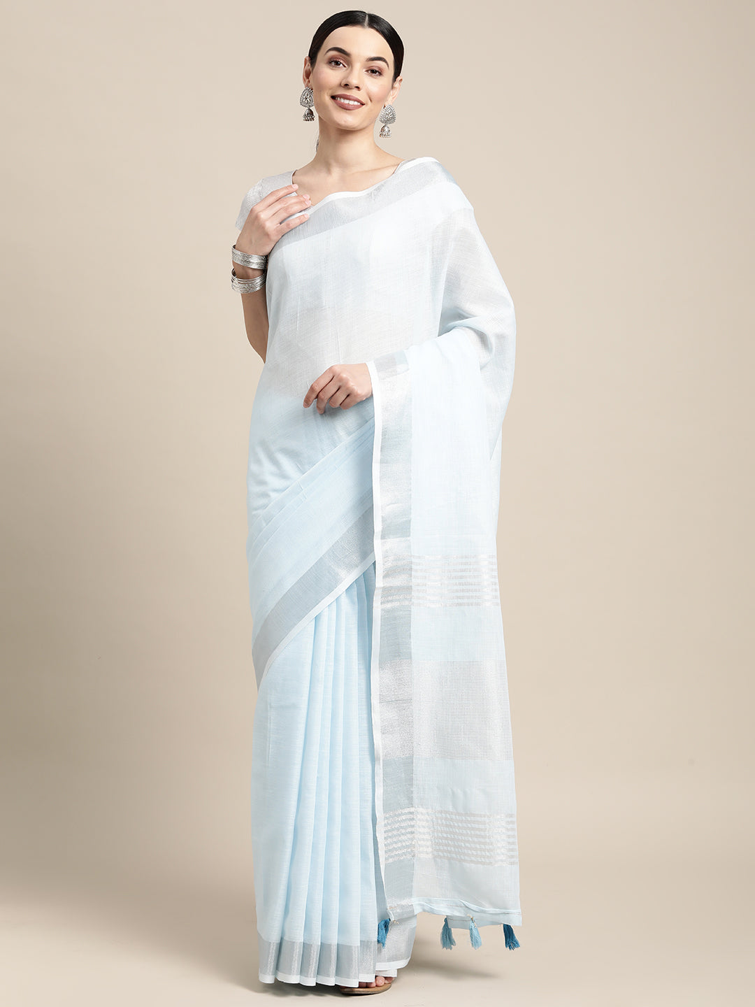 Shree Shyam Fashion Elegant Sky Blue Woven Linen Saree with Contrast Zari Border & Tassels - Soft & Breathable Party Wear