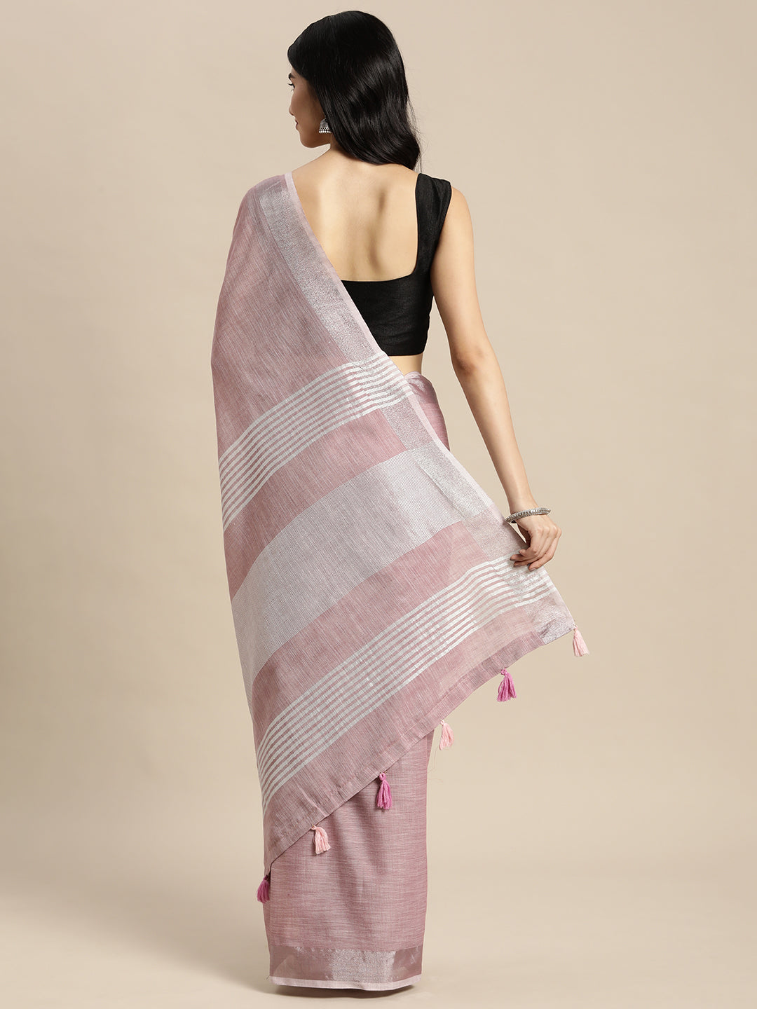Shree Shyam Fashion Elegant Mauve Woven Linen Saree with Contrast Zari Border & Tassels - Soft & Breathable Party Wear