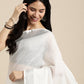 Shree Shyam Fashion Elegant White Woven Linen Saree with Contrast Zari Border & Tassels - Soft & Breathable Party Wear