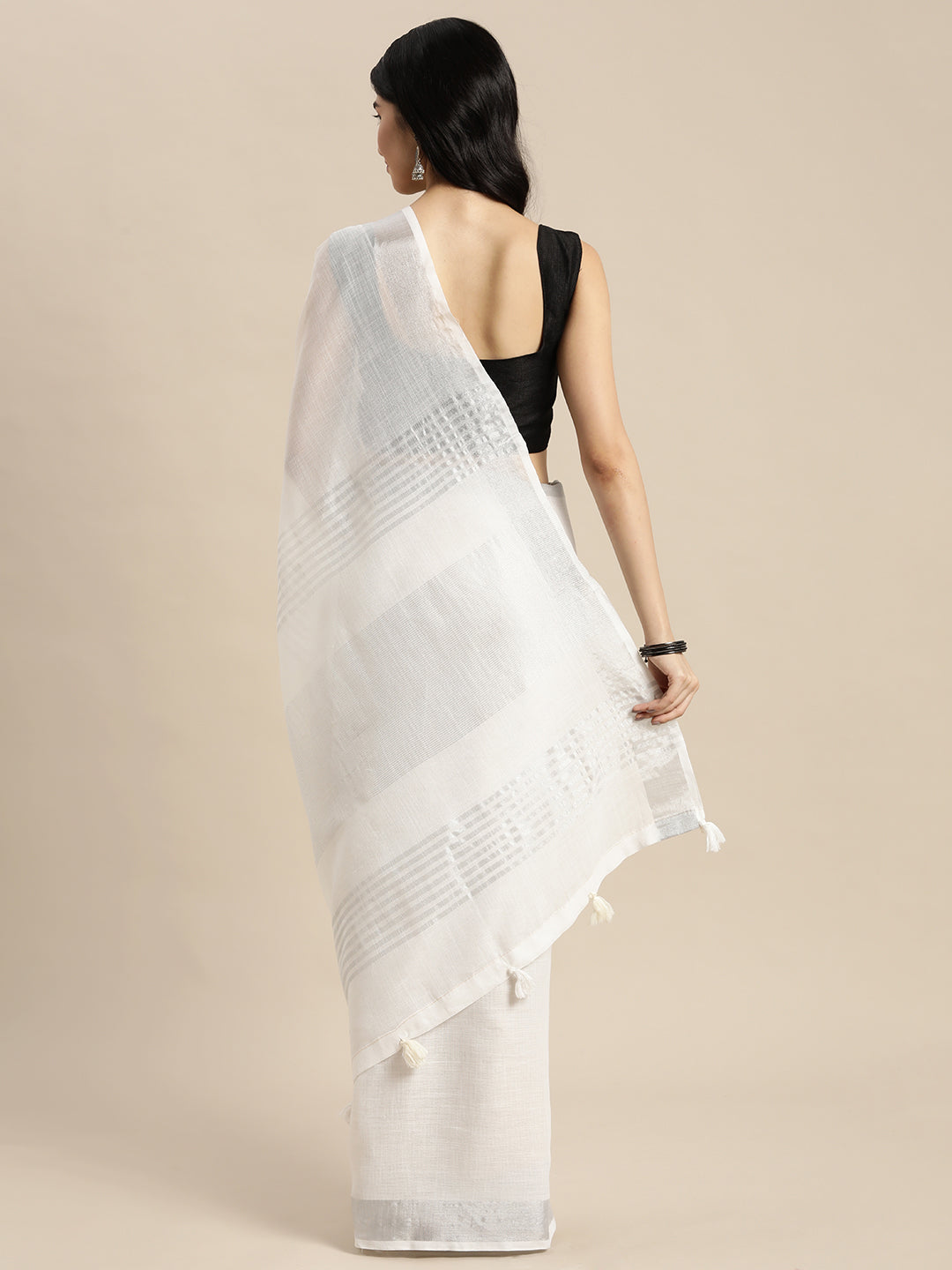 Shree Shyam Fashion Elegant White Woven Linen Saree with Contrast Zari Border & Tassels - Soft & Breathable Party Wear