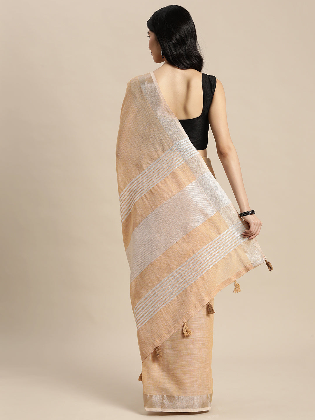Shree Shyam Fashion Elegant Tan Woven Linen Saree with Contrast Zari Border & Tassels - Soft & Breathable Party Wear