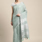 Shree Shyam Fashion Elegant Sea Green Woven Linen Saree with Contrast Zari Border & Tassels - Soft & Breathable Party Wear