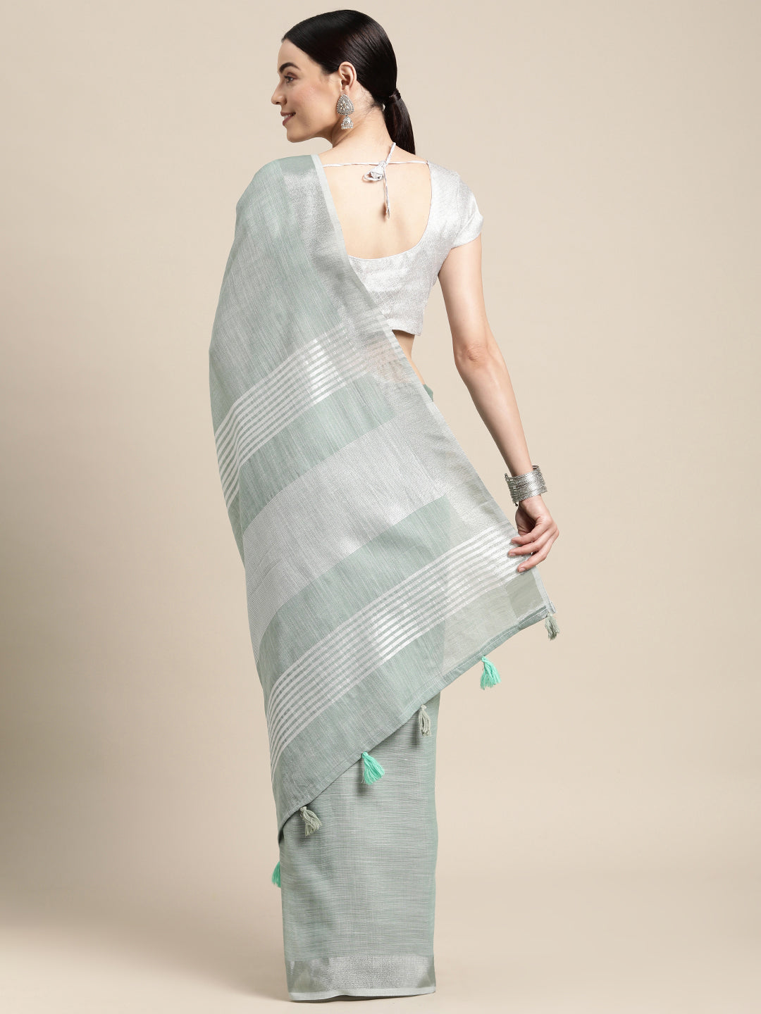 Shree Shyam Fashion Elegant Sea Green Woven Linen Saree with Contrast Zari Border & Tassels - Soft & Breathable Party Wear