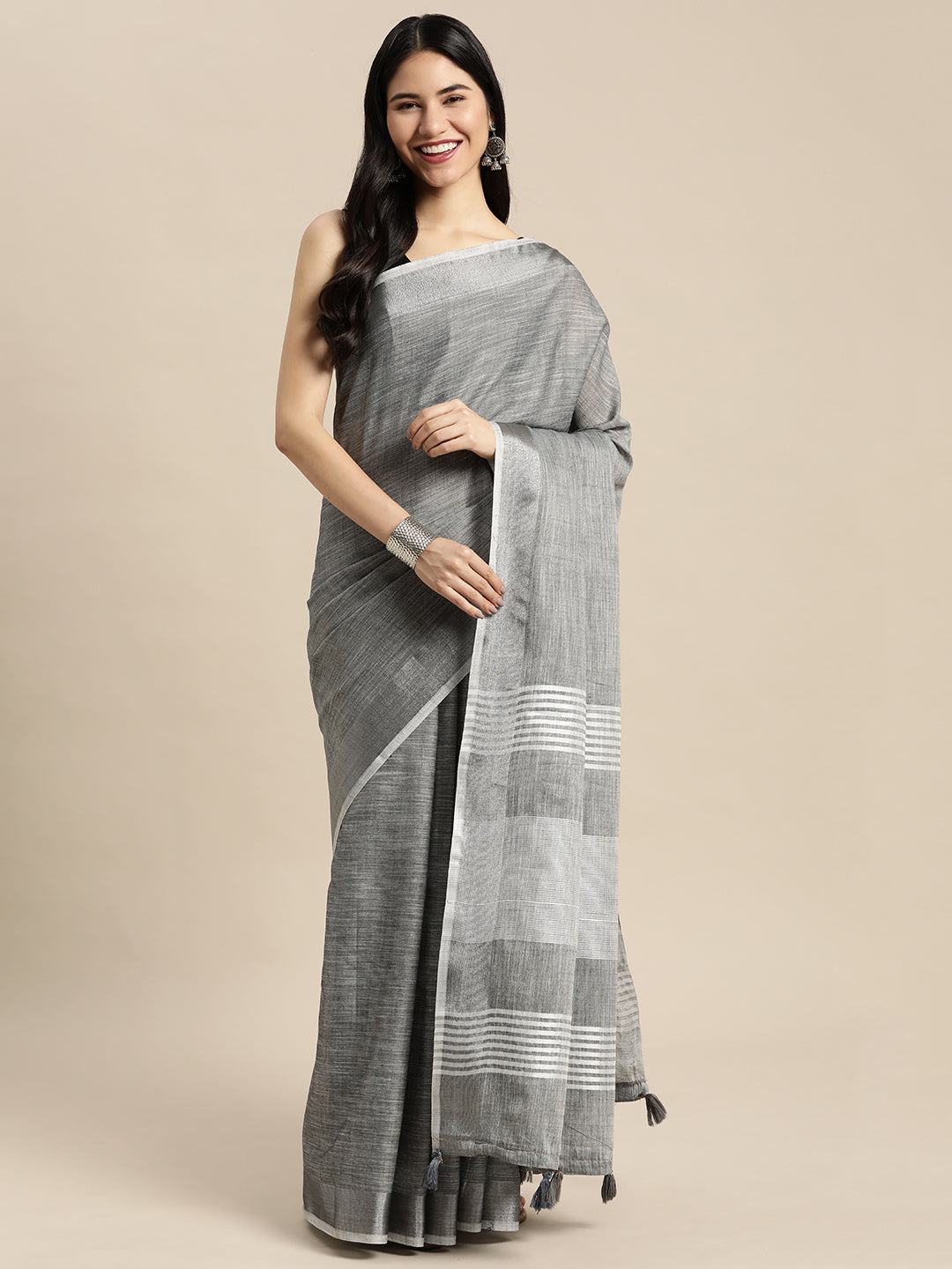 Shree Shyam Fashion Elegant Dark Grey Woven Linen Saree with Contrast Zari Border & Tassels - Soft & Breathable Party Wear