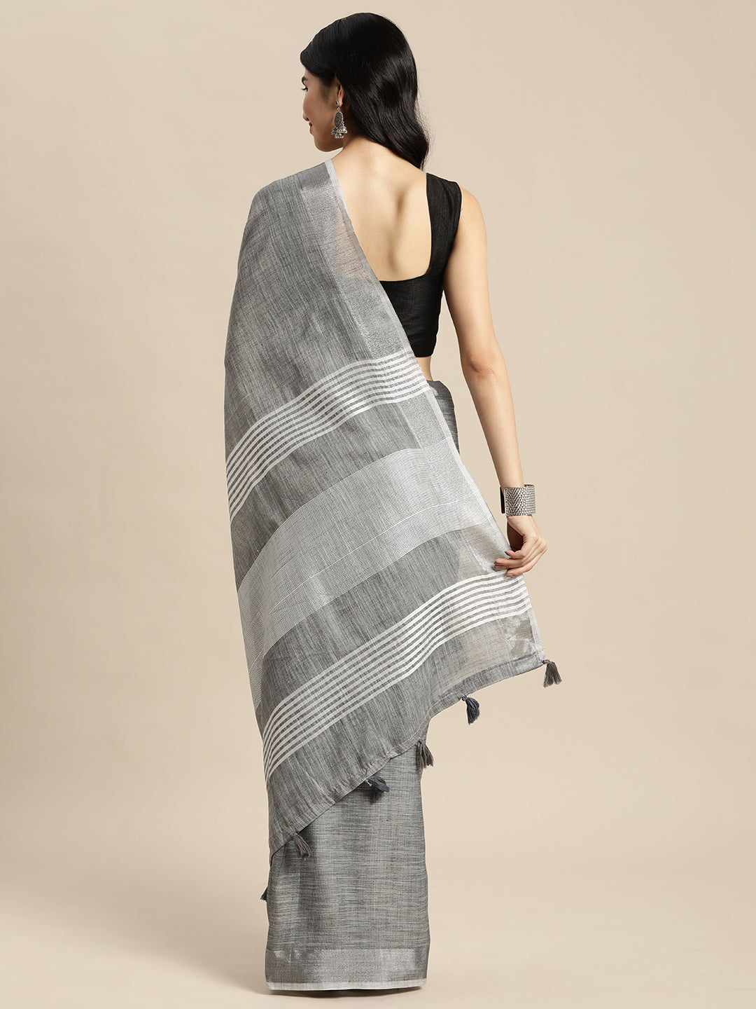 Shree Shyam Fashion Elegant Dark Grey Woven Linen Saree with Contrast Zari Border & Tassels - Soft & Breathable Party Wear