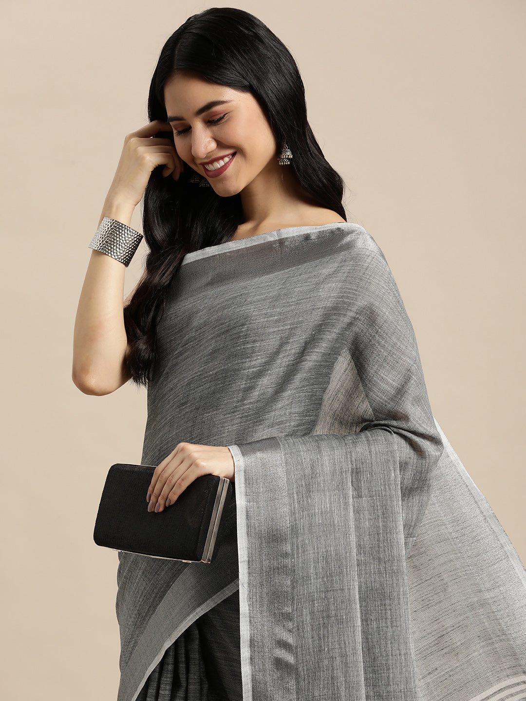 Shree Shyam Fashion Elegant Dark Grey Woven Linen Saree with Contrast Zari Border & Tassels - Soft & Breathable Party Wear