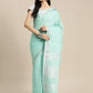 Shree Shyam Fashion Elegant Turquoise Woven Linen Saree with Contrast Zari Border & Tassels - Soft & Breathable Party Wear