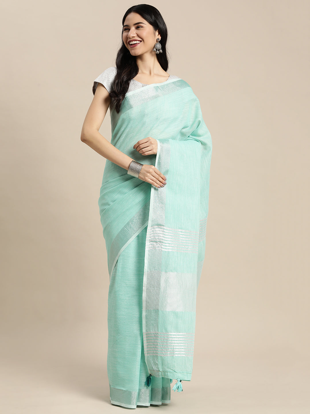 Shree Shyam Fashion Elegant Turquoise Woven Linen Saree with Contrast Zari Border & Tassels - Soft & Breathable Party Wear