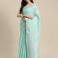Shree Shyam Fashion Elegant Turquoise Woven Linen Saree with Contrast Zari Border & Tassels - Soft & Breathable Party Wear