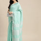 Shree Shyam Fashion Elegant Turquoise Woven Linen Saree with Contrast Zari Border & Tassels - Soft & Breathable Party Wear