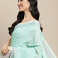 Shree Shyam Fashion Elegant Turquoise Woven Linen Saree with Contrast Zari Border & Tassels - Soft & Breathable Party Wear