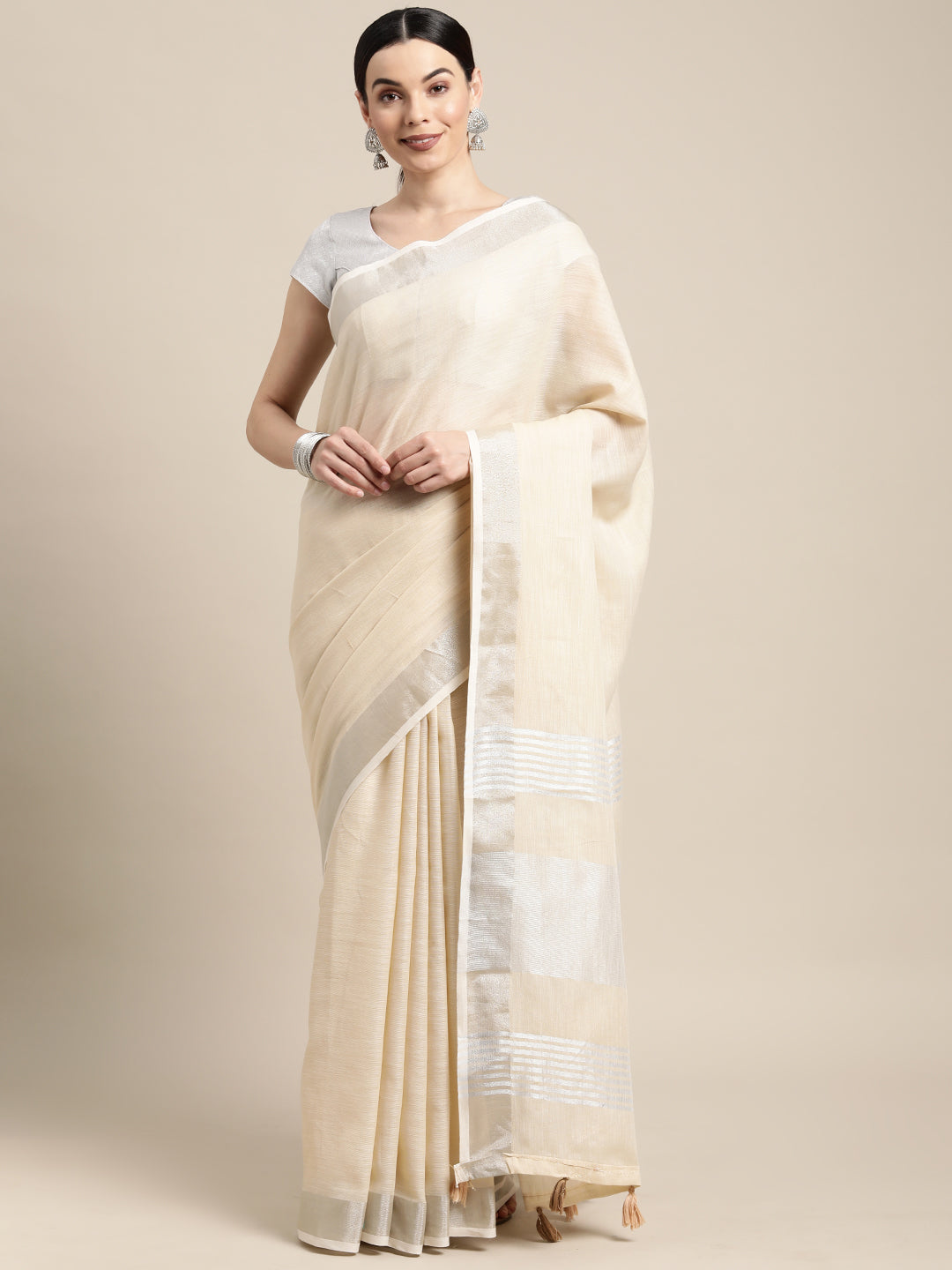 Shree Shyam Fashion Elegant Beige Woven Linen Saree with Contrast Zari Border & Tassels - Soft & Breathable Party Wear