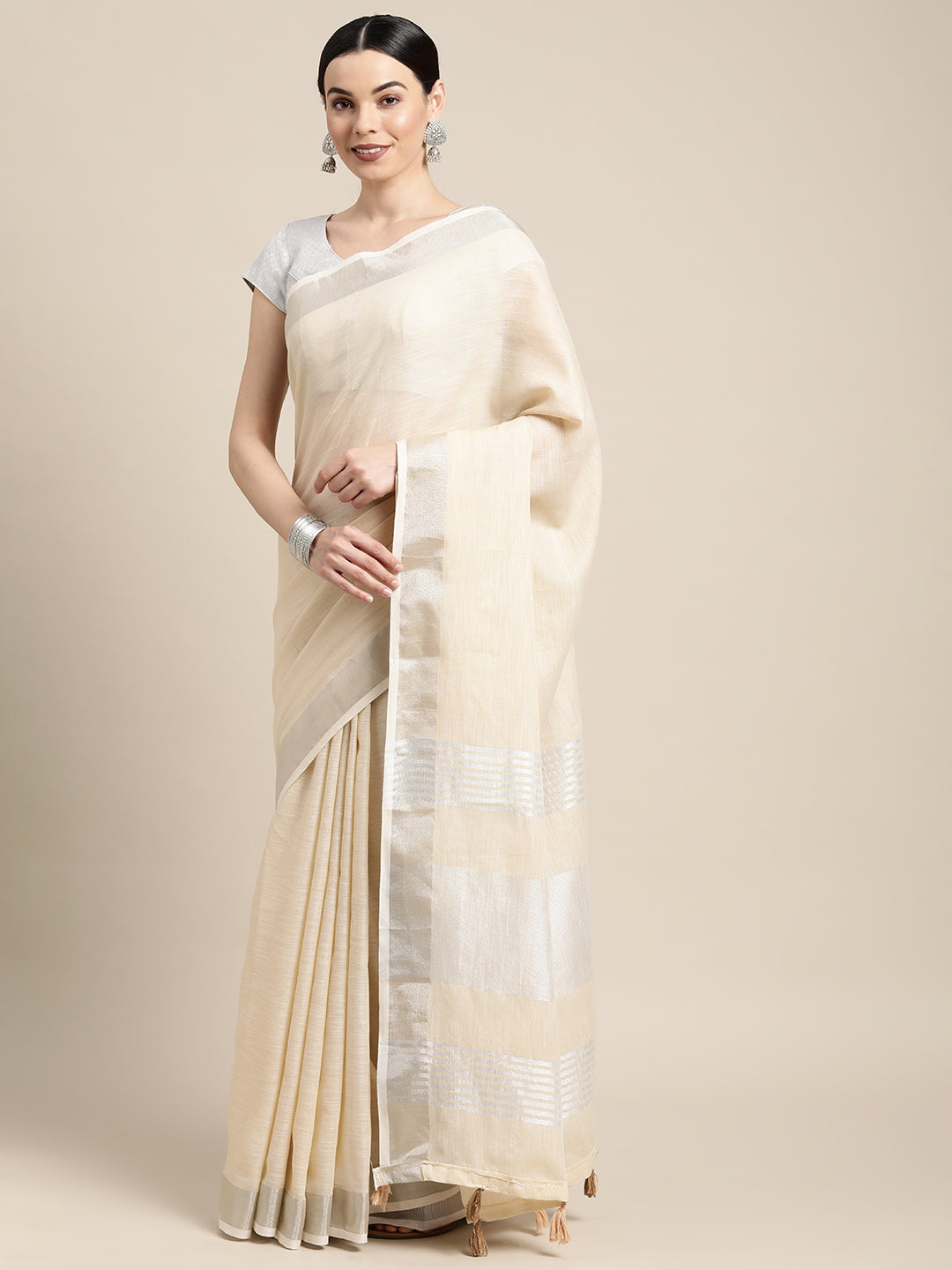 Shree Shyam Fashion Elegant Beige Woven Linen Saree with Contrast Zari Border & Tassels - Soft & Breathable Party Wear