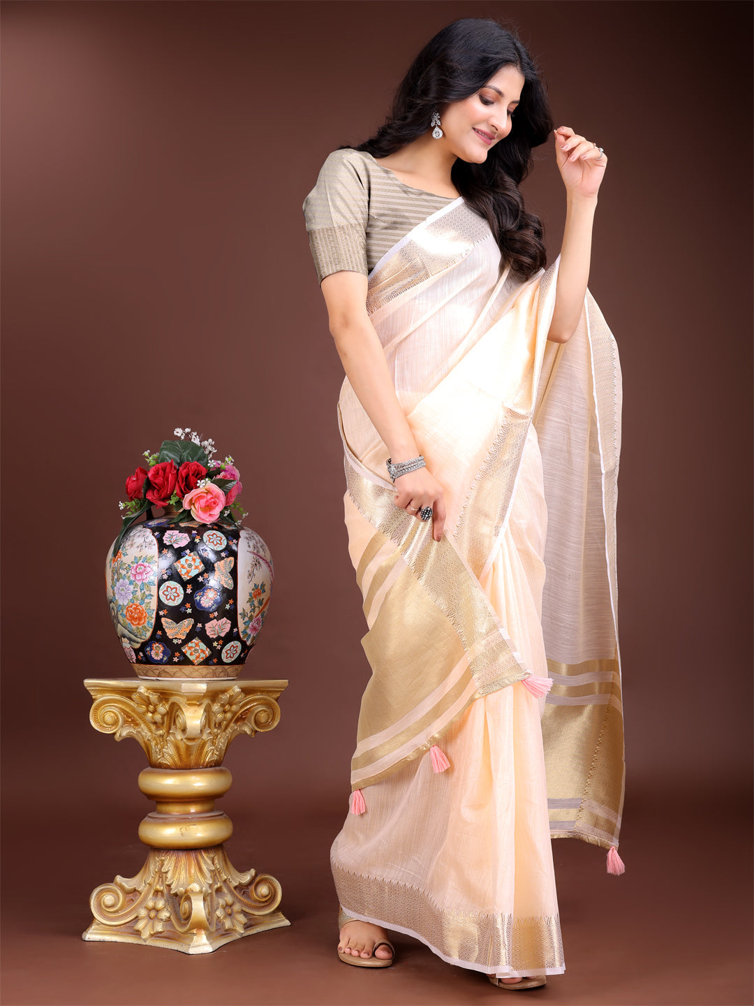 Shree Shyam Fashion Elegant Peach Woven Linen Saree with Contrast Zari Border & Tassels - Soft & Breathable Party Wear