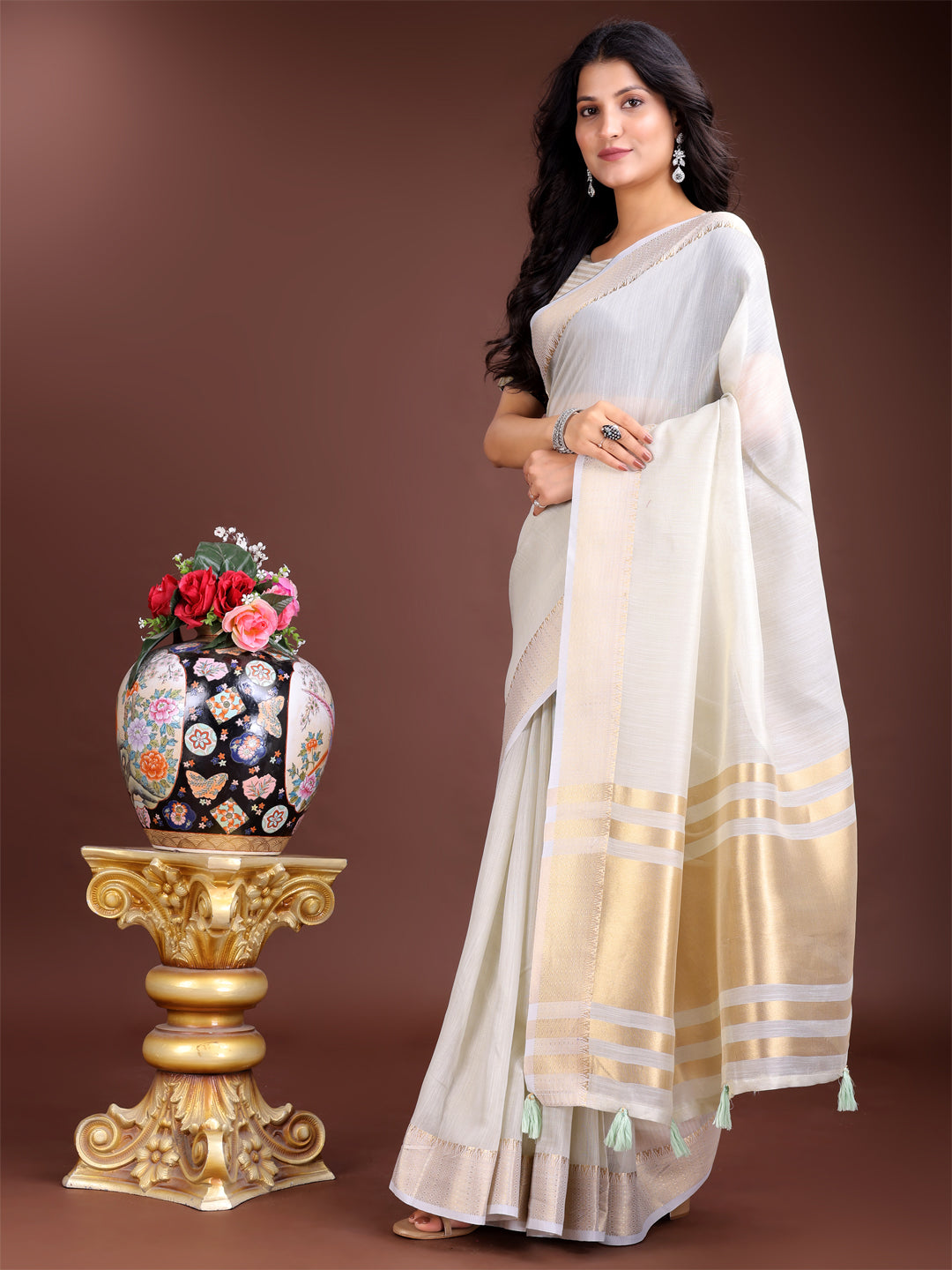 Shree Shyam Fashion Elegant Grey Woven Linen Saree with Contrast Zari Border & Tassels - Soft & Breathable Party Wear