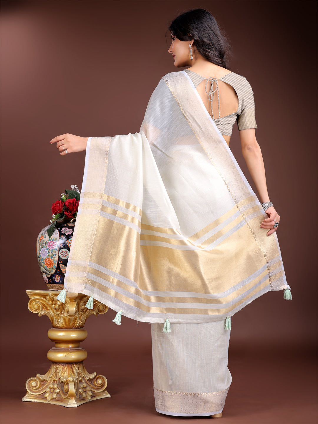 Shree Shyam Fashion Elegant Grey Woven Linen Saree with Contrast Zari Border & Tassels - Soft & Breathable Party Wear