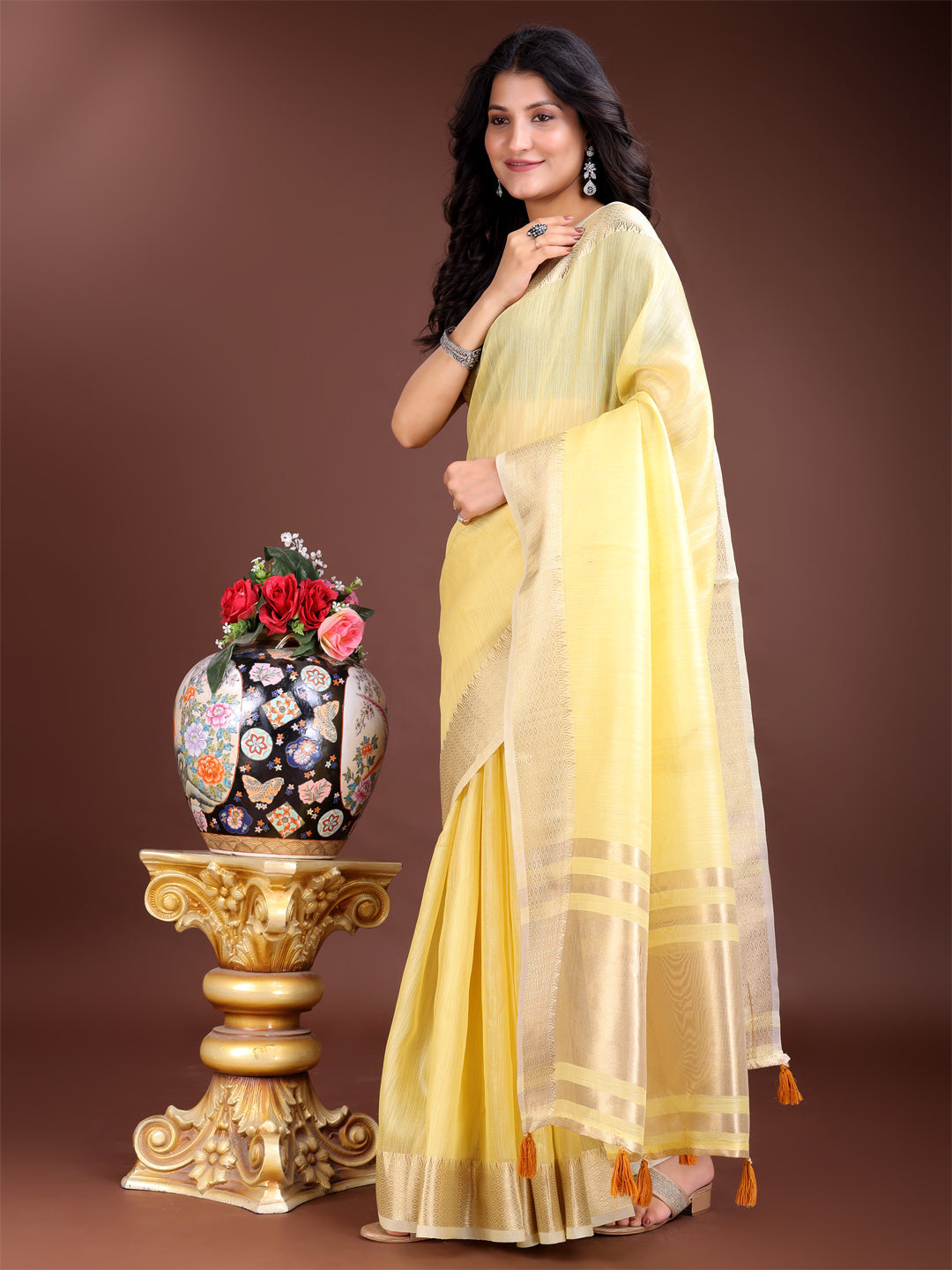 Shree Shyam Fashion Elegant Yellow Woven Linen Saree with Contrast Zari Border & Tassels - Soft & Breathable Party Wear