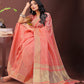 Shree Shyam Fashion Elegant Peach Organza Saree with Golden Zari Border - Festive & Office Wear Saree with Blouse Piece