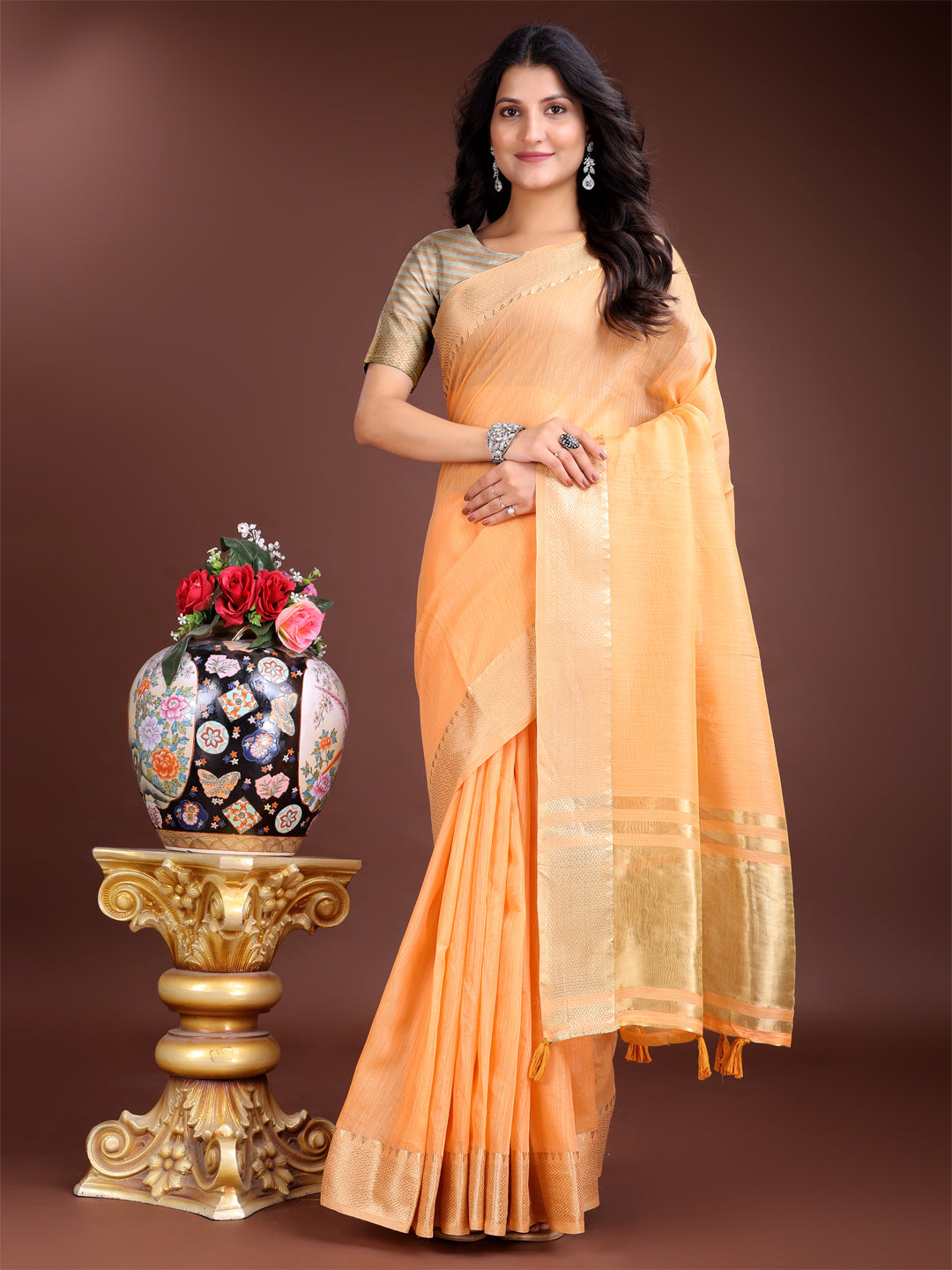 Shree Shyam Fashion Orange Gold Cotton Ready-to-Wear Saree - Simplicity Meets Effortless Grace