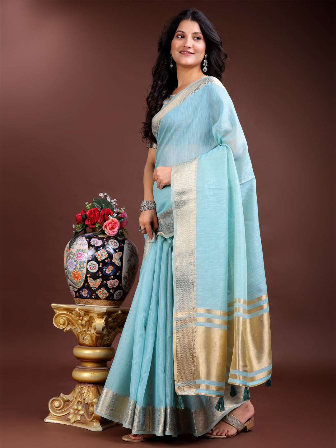 Shree Shyam Fashion Sky Blue Gold Cotton Ready-to-Wear Saree - Simplicity Meets Effortless Grace