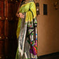 Very Much Indian Premium Handloom Pure Silk Muniya Borde-Parrot Green,Silver Zari And Intricate Big Radha Krishna Pallu | Swadesiicart