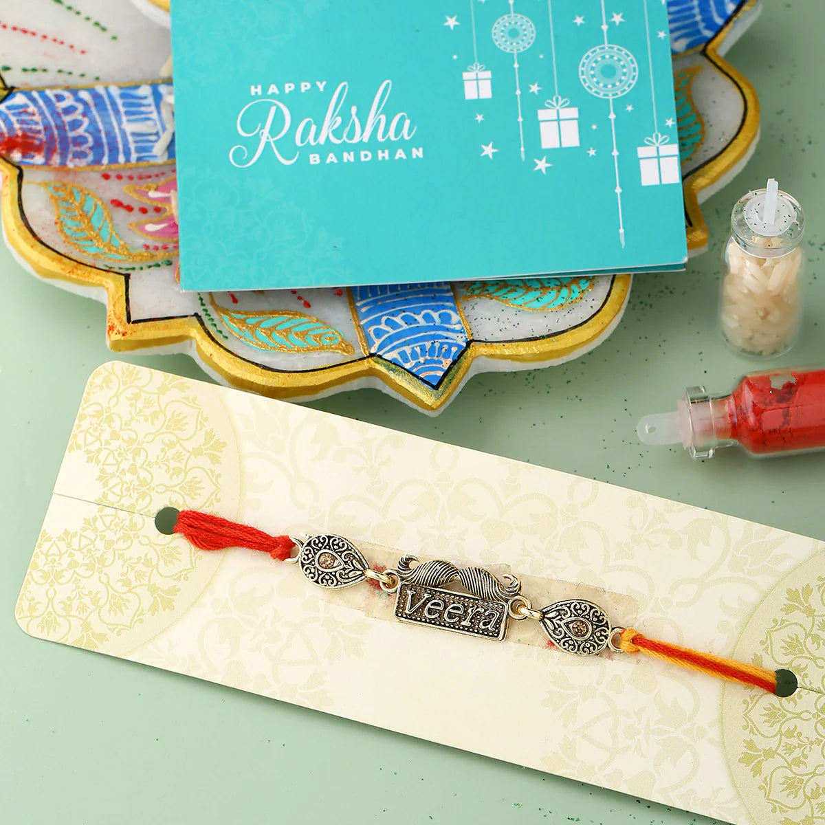 trueBrowns X Voylla Antique Designer Veera Rakhi With Roli Chaawal Pack | Swadesiicart
