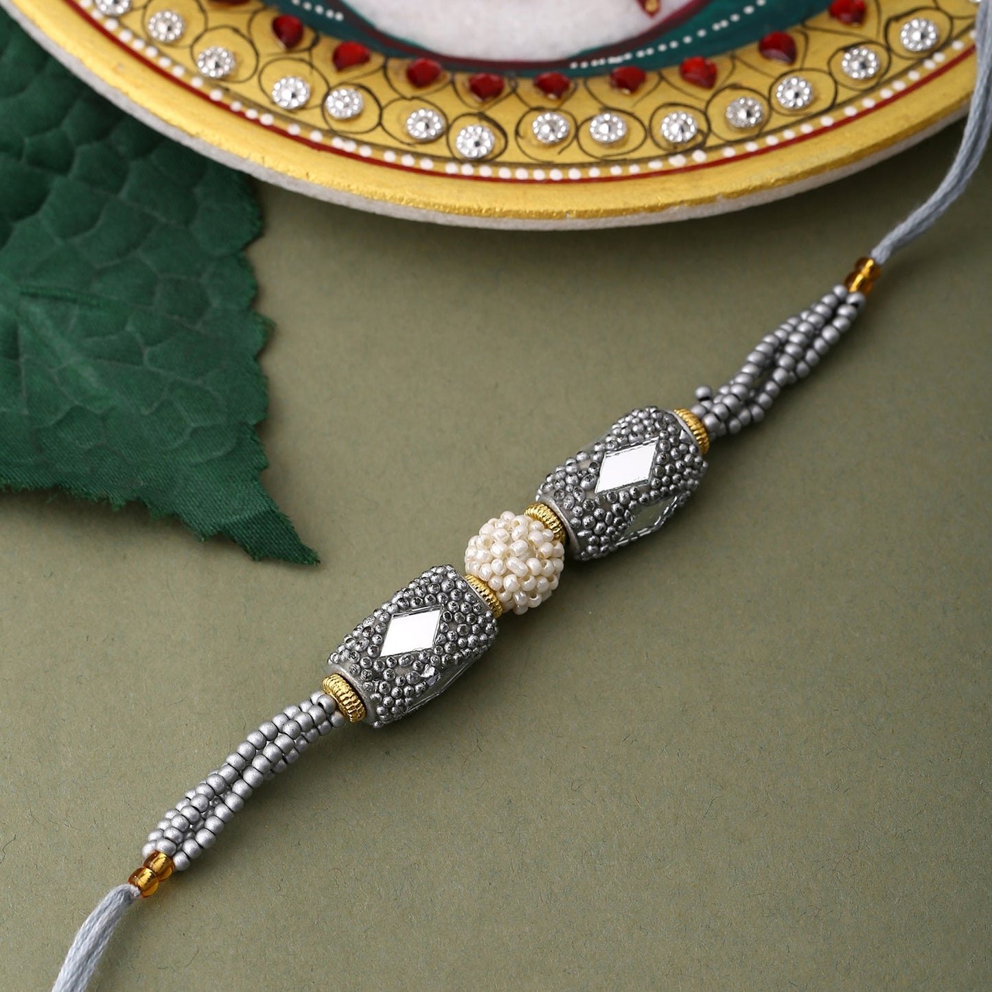 trueBrowns X Voylla Silver Beaded Rakhi With Roli Chaawal Pack | Swadesiicart